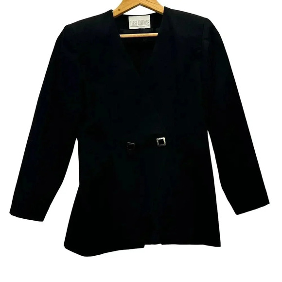 Vtg First Impressions Womens Black Double-Breasted Blazer Sz 2P Minimalist Chic - Picture 1 of 8